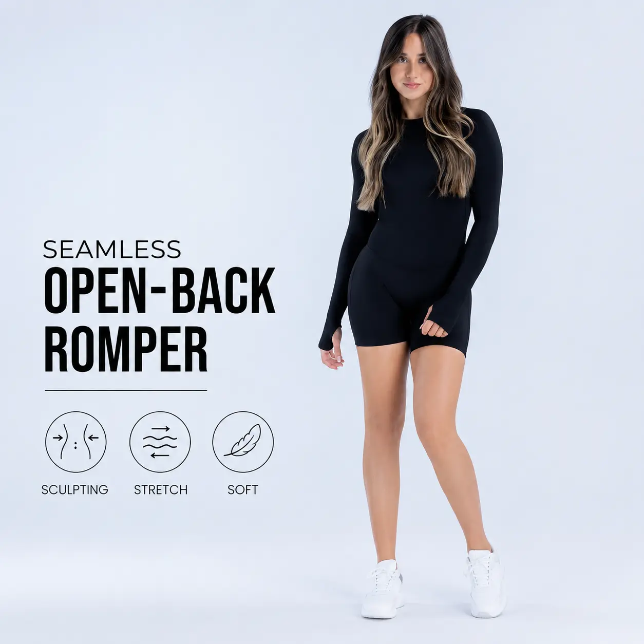 Women’s Fitted Seamless Sculpting Long Sleeve Backless Bodysuit with Thumb Holes - Female Tummy Control Butt-Lifting Multi-Size Gym Yoga Activewear for Pilates Studio Workout, All Seasons, Athletic