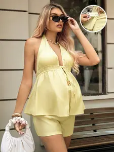 NANCY Maternity Yellow Striped Halter Set - Refreshing Nursing-Friendly Top & Drawstring Shorts for Summer Brunch