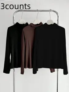 【Plus Size】 Solid Turtle Neck T-shirt, Casual Basic Long Sleeve Top for Women, Women's Plus Clothing for Fall & Winter