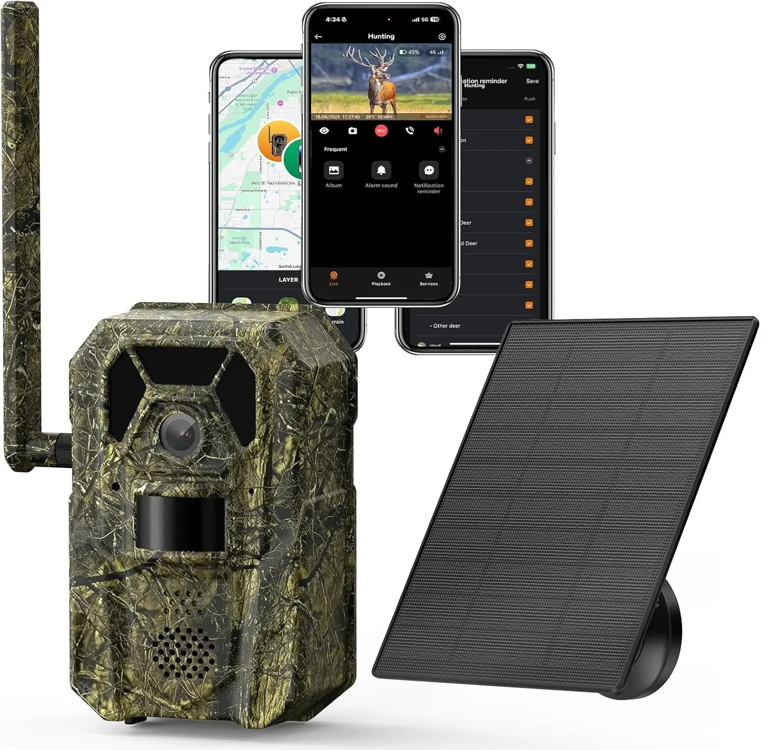 Wild Game Cameras  Cellular Trail Camera 4G 13,000 mAh Battery Solar Panel 2K Audible Video No-Glow IR Night Vision IP66 Waterproof for Wildlife Deer Monitoring Home Security (Green)