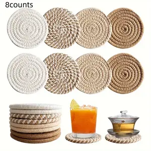 8 Pack Absorbent Cup Mats, Cotton Drink Coasters Set, Home Decor Bar Moving Gift, Round Jute Woven Heat Resistant Pads, Anti-Slip Bowl Mat, Coffee Table Mat