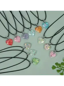 10 Piece Glow in the Dark Resin Heart Pendant Necklace Set Fluorescent Heart Chain with Black Leather Cord Christmas Valentine's Day Gift DIY Jewelry Making Supplies Cute Shiny Bead Fashion Luminous D