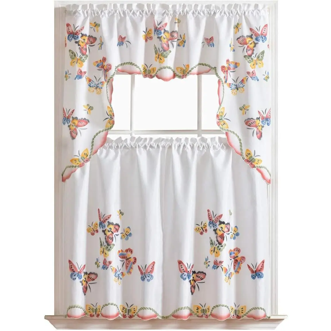 - 3 count Kitchen Curtain/Cafe Curtain Set, Air-Brushed by Hand of Flying Butterfly Design (Swag & 36" Tiers Set)