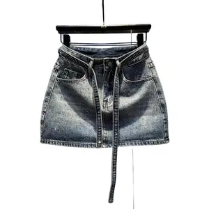 High-Waisted Denim Mini Skirt for Women with Frayed Hem Vintage Washed Look Y2K Streetwear Piece for Club Parties Sexy Fit Hugs Hips Summer Outfits Minimalist Womenswear Bottom