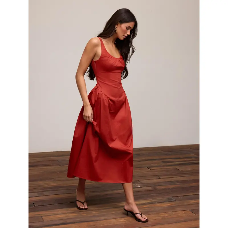 strapless open back dress Women's Red Cotton Floral Printed Dress Red / L