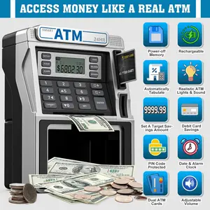 ATM Piggy Bank for Kids Rechargeable, Power-Off Memory for Real Money Safe with Debit Card, Coin Recognition,Bill Feeder,Balance Calculator, Kids ATM Machine for Boys Girls,cool stuff for room