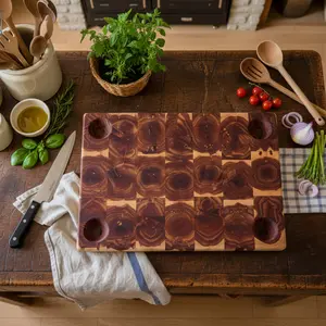 Handcrafted End Grain Eastern Red Cedar Serving Board – 14×20×2" with Handholds & 4 Glass Sauce Cups