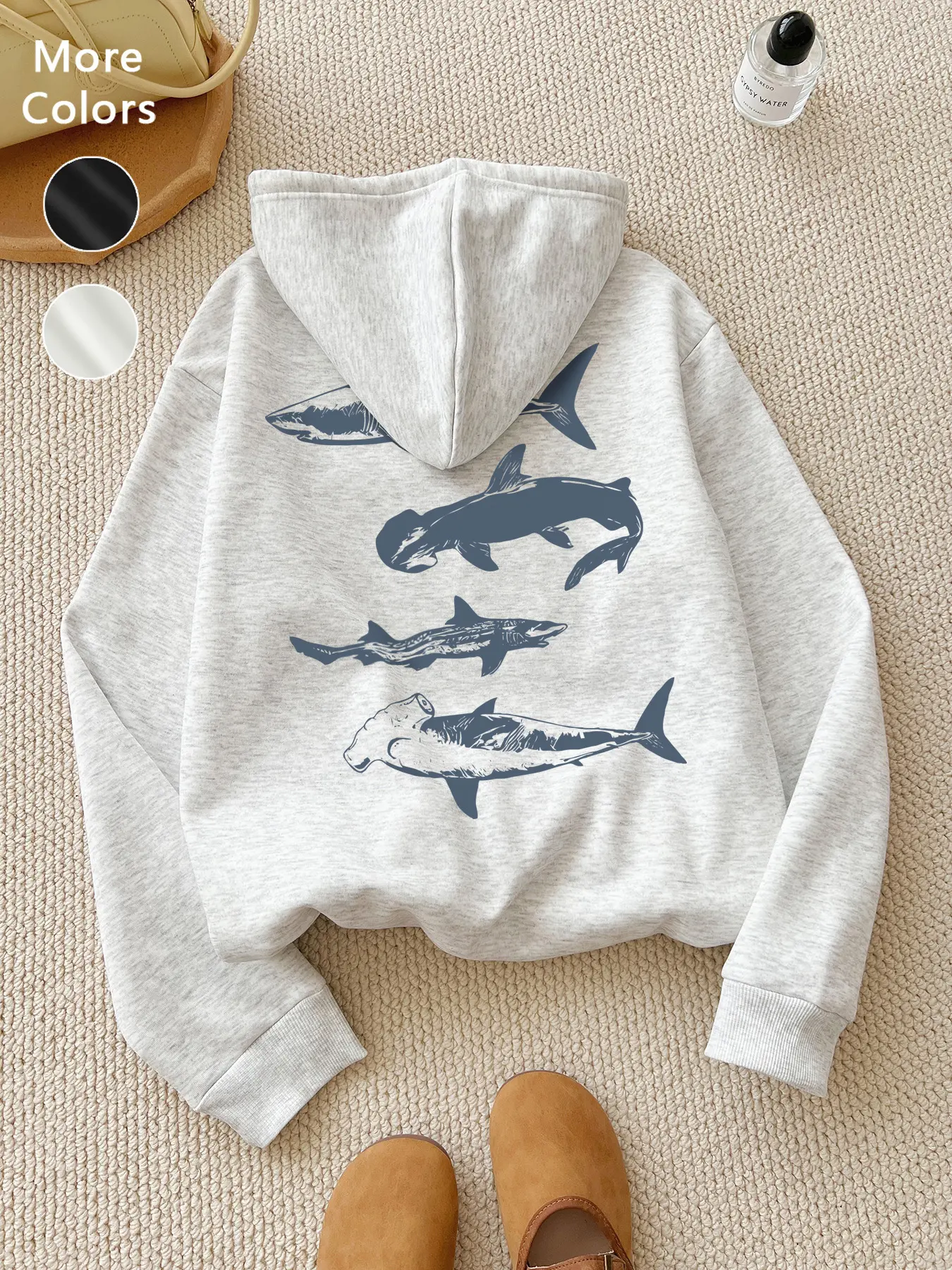 Women's Fleece Aesthetic Hoodie, Graphic Hooded Sweatshirt, Fall Winter Loose Fit Long Sleeve Pullover, Shark Print Casual Daily Wear, Unisex Fashion Top