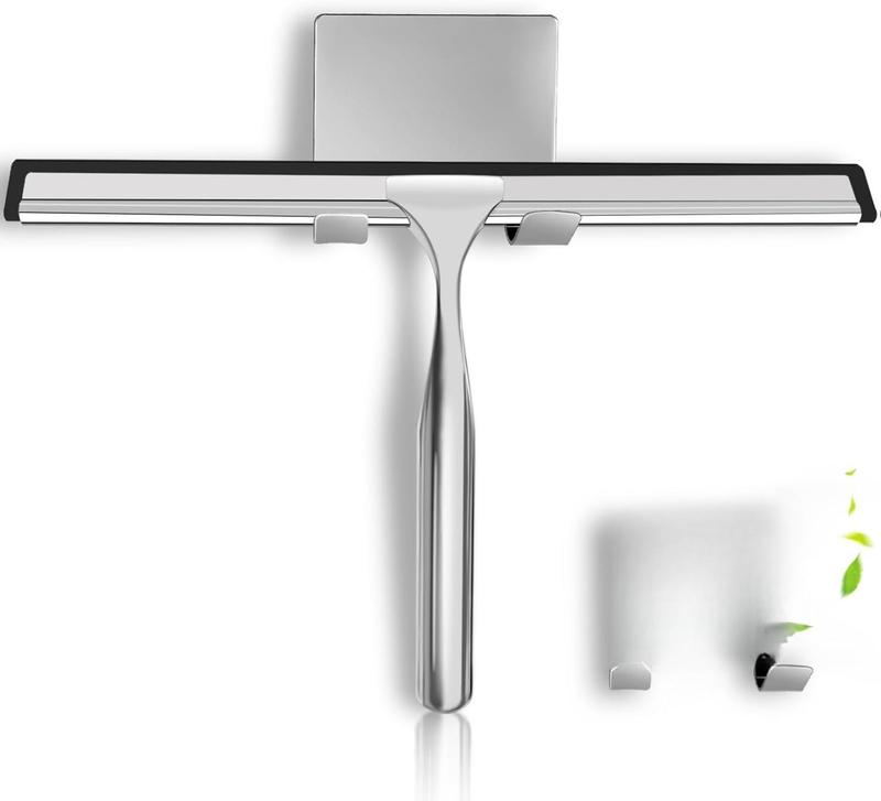 Shower Squeegee for Glass Doors, Stainless Steel Squeegee for Shower Glass with Adhesive Hook, 10’’ Multi-Purpose Window Squeegee for Window Cleaning, Bathroom, Glass, Car Windows, Mirrors, Tiles