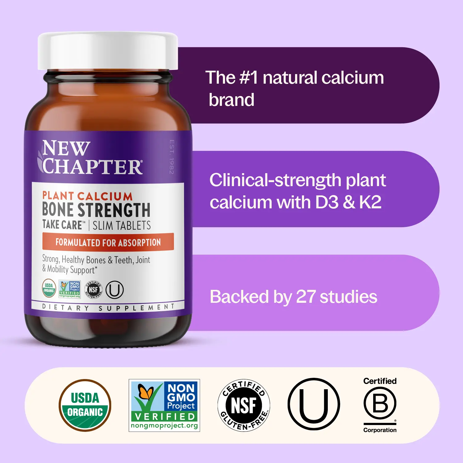 New Chapter Bone Strength Organic Plant Calcium with Magnesium & Vitamin D3+K2 for Bone Health - 90ct