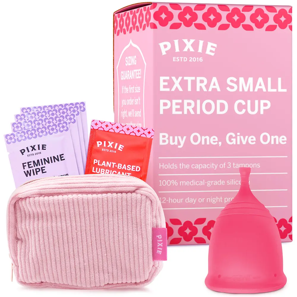 Pixie Soft Menstrual Cup - Ranked 1 for Most Comfortable Reusable Period Cup - Buy One We Give One - Includes Ebook Guide, Cleaning Wipes, Lube, & Storage Bag - Tampon and Pad Alternative (Extra Small, Pink)