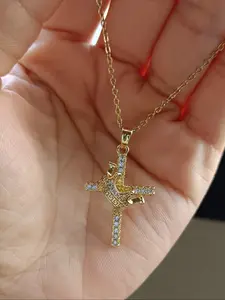 Women's Pendant Necklace, Statement Necklace, Copper Crown Cross Pendant with Artificial Zirconia, Versatile Daily Wear Jewelry Accessory