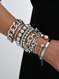10/5 Piece Punk Style Bold Vintage Chain Bead Open Bracelet Set, Adjustable Layered Bangle for Women, Fashion Accessory for Daily Wear