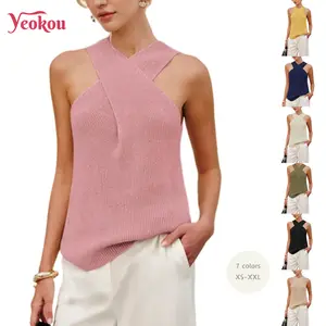 Yeokou Women Halter Cross Over Collar Tank Knit Sleeveless Top Solid Color Casual Summer Blouse