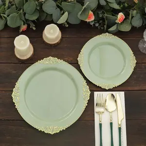 10-Pack Plastic 8" Round Dessert Plates in Sage Green with Gold Leaf Embossed Rim - Disposable Vintage Baroque Style Salad Plates