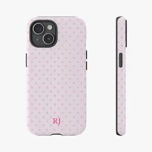Custom Initial Pink Polka Dot Phone Case, Personalized Monogram iPhone Cover, Trendy Name Protective Tough Galaxy Case, Preppy Phone Case