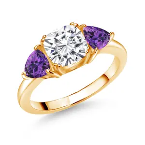 18K Yellow Gold Plated Silver White Moissanite and Gemstone Birthstone 3-Stone Engagement Ring for Women | 7MM Cushion and 5MM Trillion | Three Stone Promise Anniversary Wedding Ring | Sizes 5-9