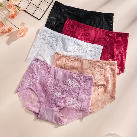 Lace Floral Women's Thong Underwear Panties, High Elasticity, Stretchy Panty, Sexy Triangle Design, Lightweight Comfort, 4/5 Piece Panty Set, All Seasons, Lace Fitted Panty