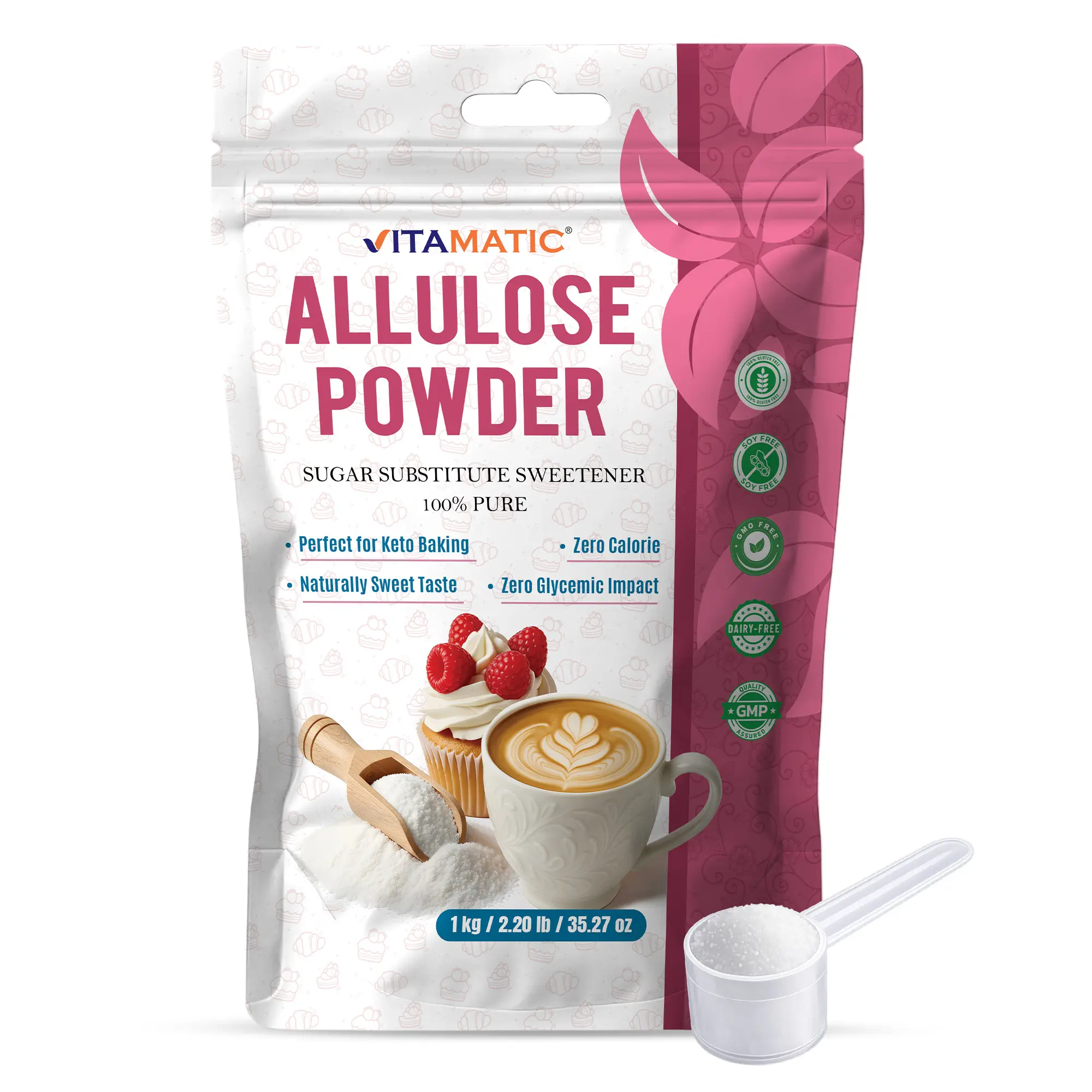 Vitamatic Allulose Powder 1 kg (2.2 lb) – Zero Calorie Sugar Substitute Sweetener – 1:1 Sugar Replacement – Keto Friendly, Zero Glycemic Impact, Non-GMO, Gluten Free Vitamatic Allulose Powder 1 kg (2.2 lb) – Zero Calorie Sugar Substitute Sweetener – 1:1 Sugar Replacement – Keto Friendly, Zero Glycemic Impact, Non-GMO, Gluten Free