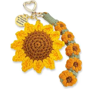 Handmade Crochet Sunflower Keychain for Women, Cute Emotional Support Gift with Daisy Wristlet, Inspirational Bag Charm for Friend Mom Daughter