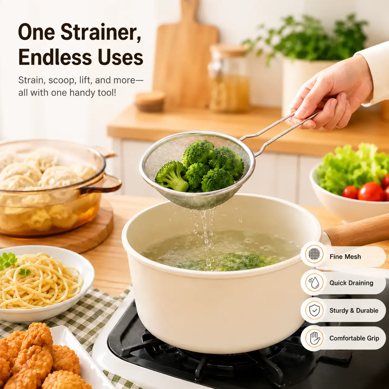 1 Count Food Grade Stainless Steel Fine Mesh Strainer, Comfortable Grip Handle for Kitchen Draining Vegetables, Filtering Oil Sauce and Sifting Powder