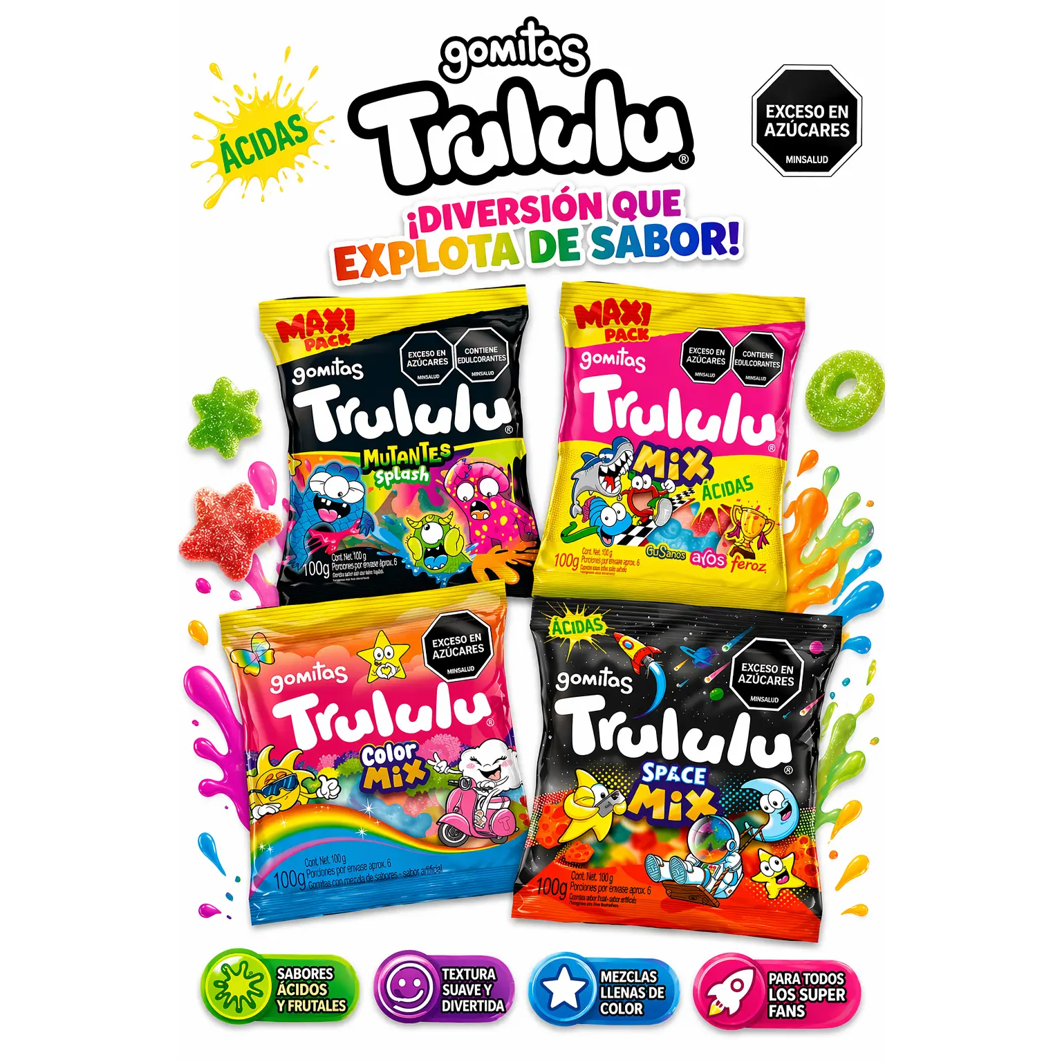 Trululu Gummies Assorted Variety Pack – 4 Pack (100g Each, 400g Total / 14.1 oz) – Color Mix, Mutantes Splash, Sour Mix & Space Mix – Best Sellers – Imported from Colombia