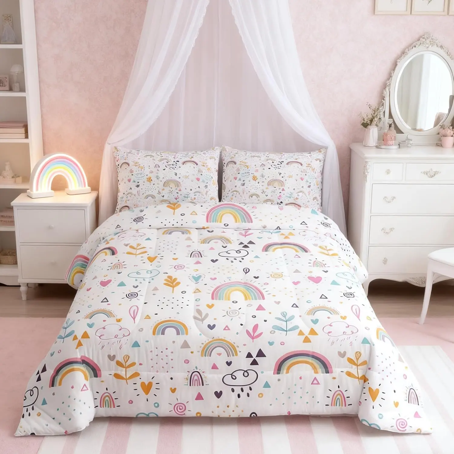 Boho Rainbow Comforter Set Floral Leaves Bedding Set Cartoon Pink Blue Cloud Dots Quilt Set Women Room Decor Botanical Bright Duvet Insert