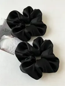 2pcs 13cm Satin Scrunchies Hair Ties for Women -  Satin Scrunchie Jumbo Gaint Cute Scrunchy for Curl Thick Hair Fashionable Versatile High-End Elegant Simple Minimalist Solid Color Hair Tie Black Color Gift Present for Girl Mom