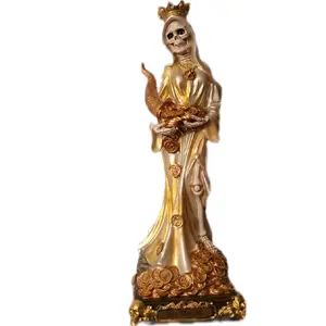 12 inch Queen Santa Muerte Statue with Gold Accents and Crown for Decorative Display Glam Ornaments for Home Office and Business