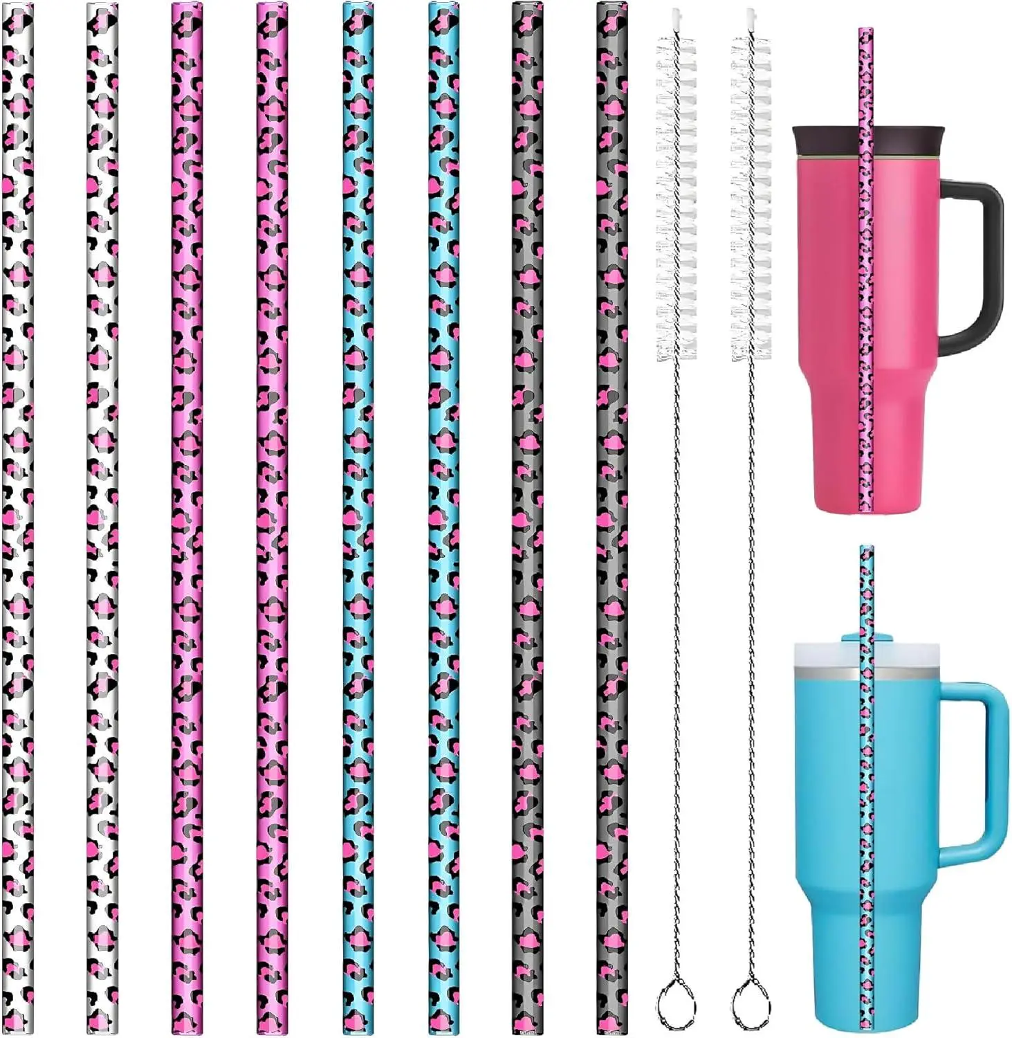 Upgrade your tumbler game with these Replacement Leopard Thick Straws! Perfect for Stanley, Owala, and Simple Modern 40oz, 30oz, and 64oz tumblers. 8 reusable 12-inch straws + brush included. Sip in style on your adventures! LEDUO