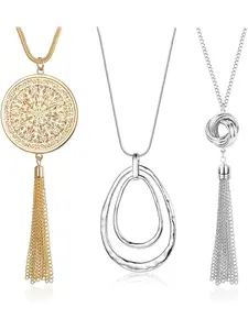 3 PCS Long Pendant Necklaces for Woman Tassel Double Circle Knot Y Necklace Bold Snake Chain Strands Statement Sweater Necklaces Set