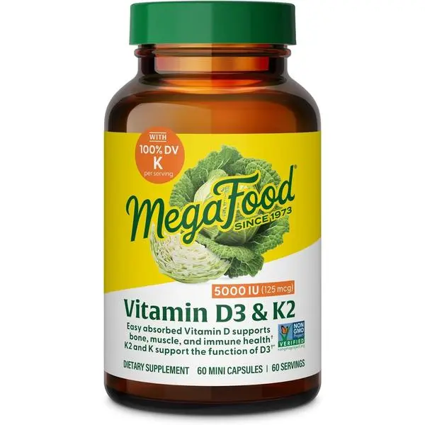 MegaFood Vitamin D3 5000 IU (125 mcg) - Vegetarian Supplements with Vitamin D3 K2 - Supports Bones, Teeth, Muscles & Immune Health - Certified Non-GMO - 60 Mini Capsules, 60 Servings