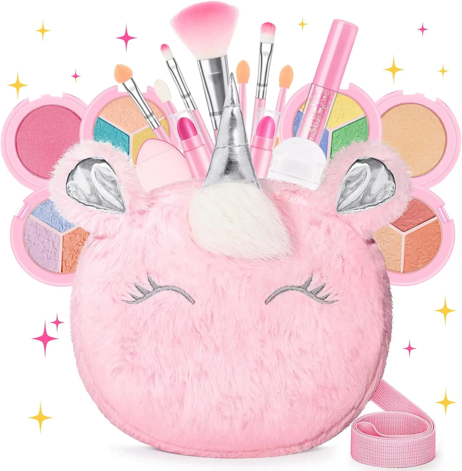 Halloween Fall Gift 18Pcs Kids Real Makeup Kit for Girls Age 3-10 wih Fluffy Purse Unicorn Pink | Washable Non Toxic Make Up Toys Sets for Toddler - 18Pcs Vanity Set with Purse for Girl 3 4 5 6 7 8 Year Old Birthday Gifts