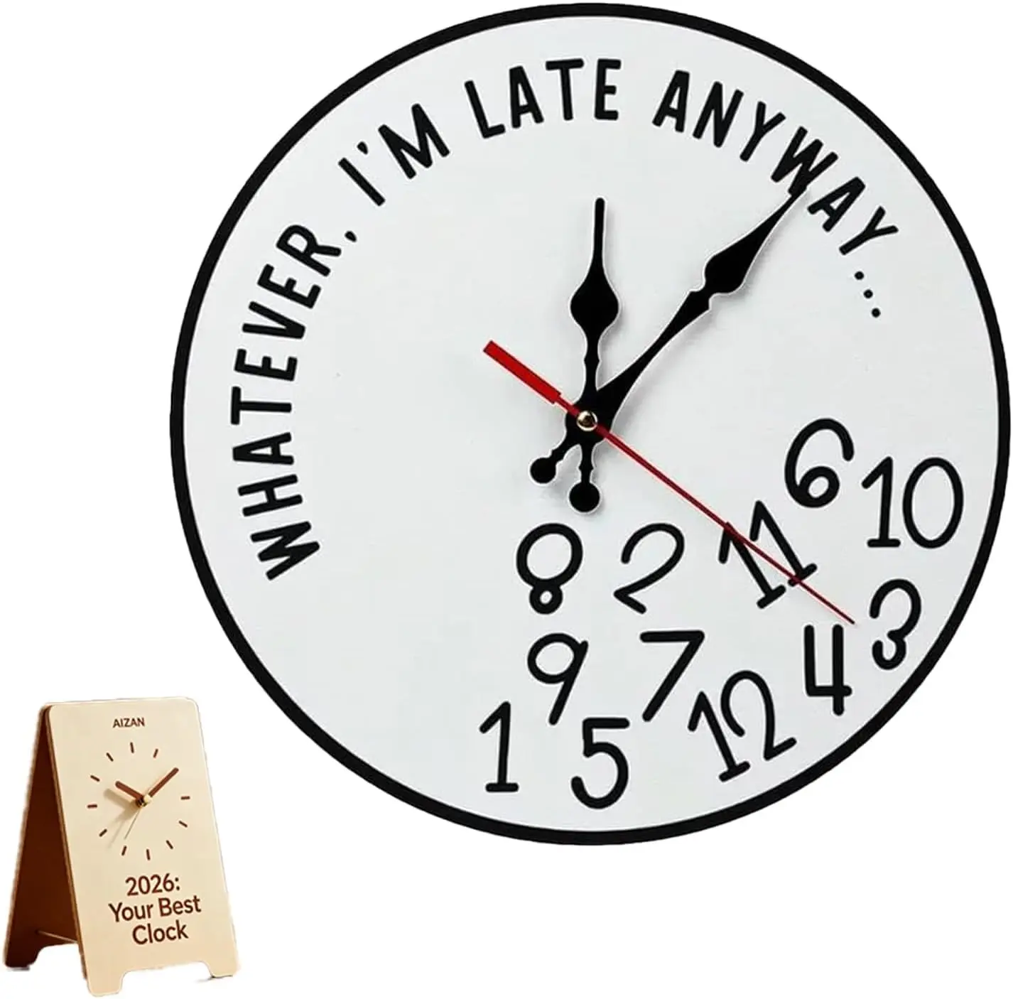 Modern 12in Round Decorative Wall Clock - Funny Sarcastic "Whatever I'm Late Anyway" Design, Irregular Number Wooden Sign, Home Office Decor, Humor Gift for Procrastinators (Style B, 1PC)