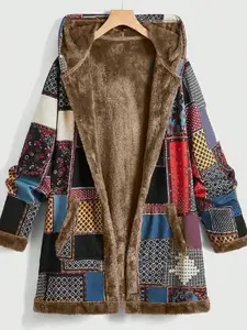 【Plus Size】 Patchwork Print Pocket Thermal Lined Hooded Coat, Casual Long Sleeve Open Front Outerwear for Fall & Winter, Women's Clothes for Daily Wear