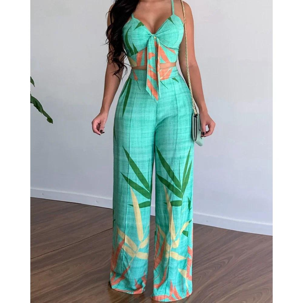 Tropical Print Spaghetti Strap Casual Lace up Back Top &High Waist Pants Set