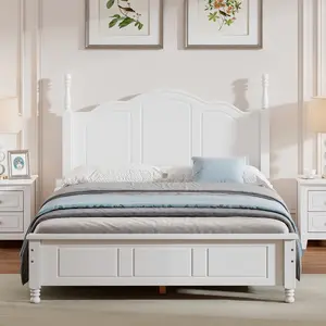 Full Size Wood Platform Bed Frame,Retro Style Platform Bed with Wooden Slat Support,White   WL