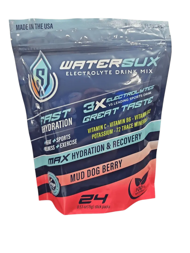 WaterSux Mud Dog Berry Flavor Electrolyte Drink Mix – Max Hydration & Recovery – 24 Stick Packs (15g Each)