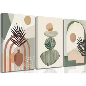 3 Pieces Medieval Modern Bohemian Abstract Canvas Wall Art Neutral Green Bohemian Sun and Plant Pictures Wall Decoration Poster Print Artwork Living Room Bedroom Bathroom Office Home Decoration