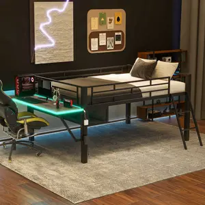 Gaming Mid Loft Bed with Desk LED Full Black Ergonomic Computer Chair Integrated TV Desk Platform Vented Mesh Storage