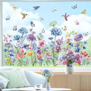 Spring Wildflower Double Sided Window Clings Garden Flower Butterflies Window Decals Anti- Glass Window Doors Window Stickers