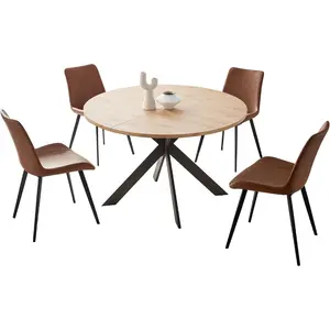 46.4" Round Dining Table Set, Mid Century Modern Round Dining Table for 4-6 Person, w/Steel Legs, Coffee Table for Kitchen Dining Room, Office, Save Space (1 Table with 4 Brown Chairs)