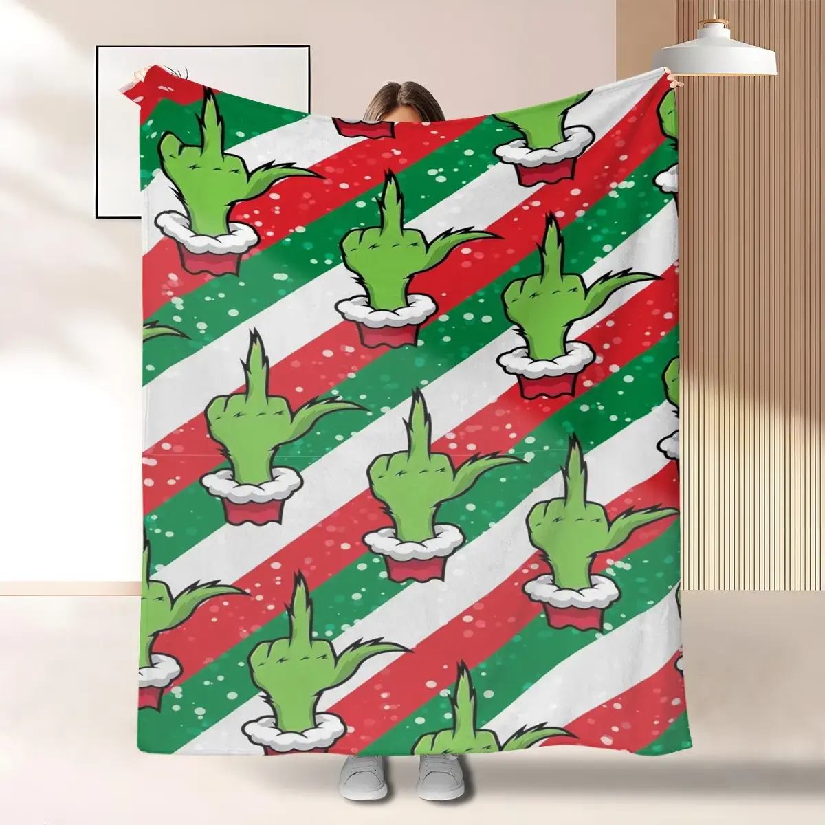 Christmas Grinch Funny Hand Gesture Blanket, Coral Fleece Thick Cover Blanket, Autumn Winter Sofa Warm Holiday Blanket, Flannel Cozy Blanket, Soft Warming Blanket