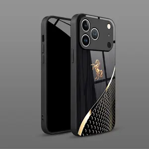 1PC Gold Prancing Horse Dark Pattern Tempered Glass Mobile Phone Case for iPhone 17-11Proamx Fashion Protective Case, High Luxury Black Glass Case, Same Mobile Phone Case for Men and Women