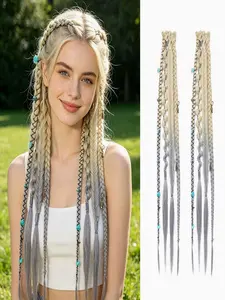 2pcs Handmade Bohemian Braided Clips, Boho Hippie Hair Extensions with Beads and Charms, Synthetic Braids for Role Play, Festivals, and Styling