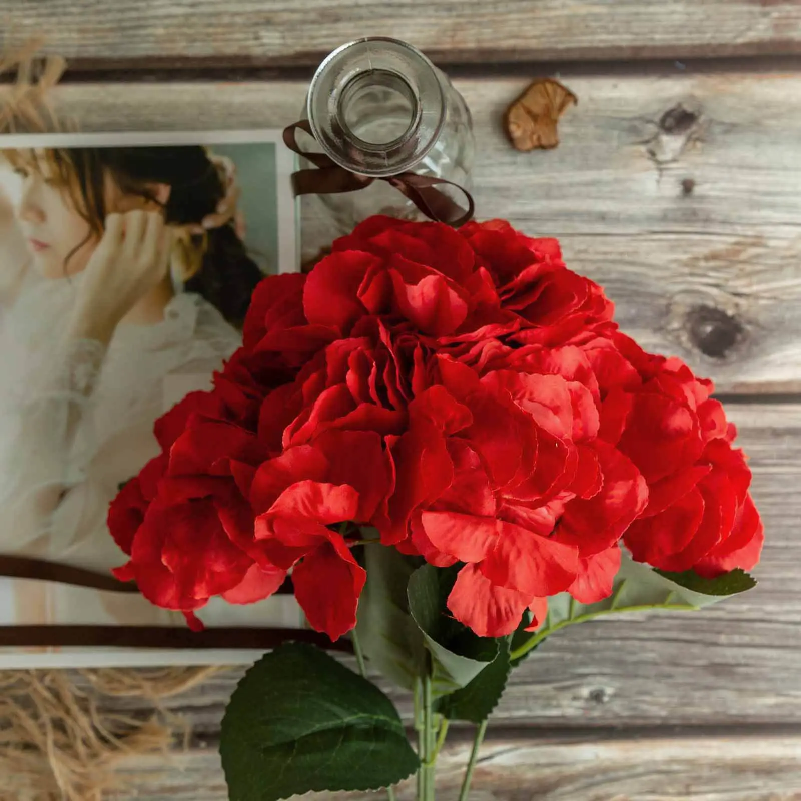 5-Pack 17" Red Artificial Silk Hydrangea Flower Bushes - Lifelike Artificial Flower Plant, Full Bloom Faux Florals for Decor, Room Decor