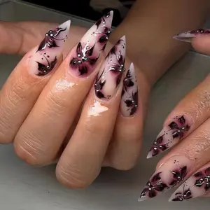 Dark Gothic Floral Nails, Handpainted Dark Purple Press On Nails with Black Flower Press Ons, Moody Nails, Fake Nails, Acrylic Nails