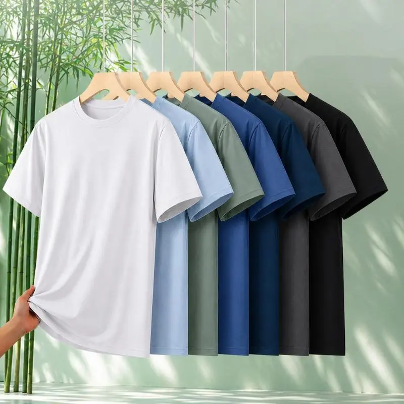 Men's Ultra Soft Bamboo Viscose T-Shirt, Plain Shortsleeve Round Neck Top, Casual Loose Fit Breathable Basic Menswear, Tops, Casual Fit