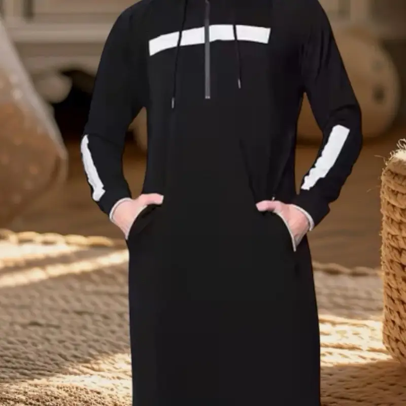 Men’s Hooded Thoub (Islamic Wear) - Grey/White/Army Green Designed with White Stripe;Long Sleeves; and Drawstring Closure