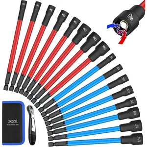 16 count Long  Nut Driver Set, 6" Metric & SAE Nut Driver Bit Set for 1/4" Quick-Change Hex Shank,  Drill, with Mini Ratchet Wrench & Storage Bag